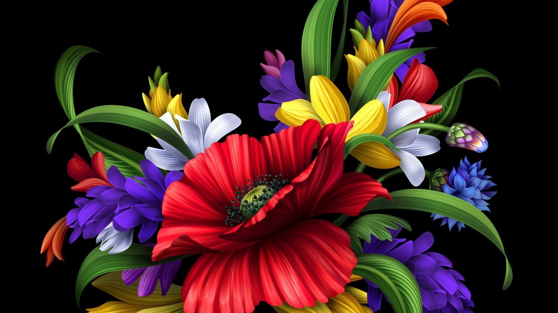 HD colorful flowers bouquet on the black background